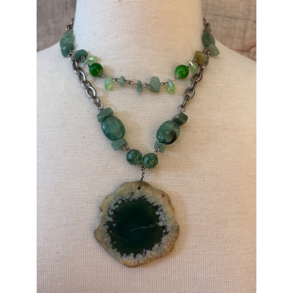 Green Agate Geode Slice Double Strand Necklace Boho Semi Precious Stone Pendant